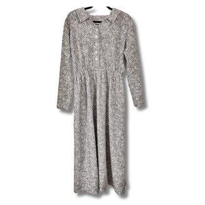 VINTAGE Grey white long sleeve rose print elastic waist dress ~ MEDIUM LARGE XL